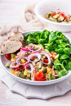 Tuna salad with cucumber, red onion, corn salad, cherry tomatoes and spices. Home made food. Concept for a tasty and healthy meal