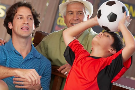boy balancing a soccer all on his head with his father and grandfather looking at him