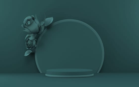 Mock up podium for product presentation circle with green roses 3D render illustration on green background