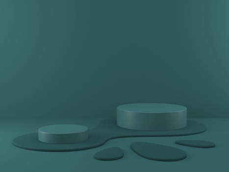 Mock up podium for product presentation two cylinders with green splash 3D render illustration on green background