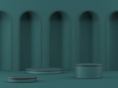 Mock up podium for product presentation with niches in shadows and two cylinders 3D render illustration on green background
