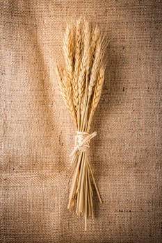 Ears of grain. Golden ears of wheat on burlap textile
