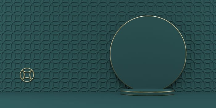 Mock up podium for product presentation circle with textured wall 3D render illustration on green background