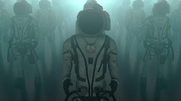 Rows of astronauts with dog, computer generated. 3d rendering of mystical background.