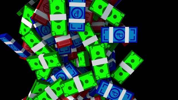Many rubles, euro, dollars. 3d rendering of currency backdrop. Falling money banknotes, computer generated.
