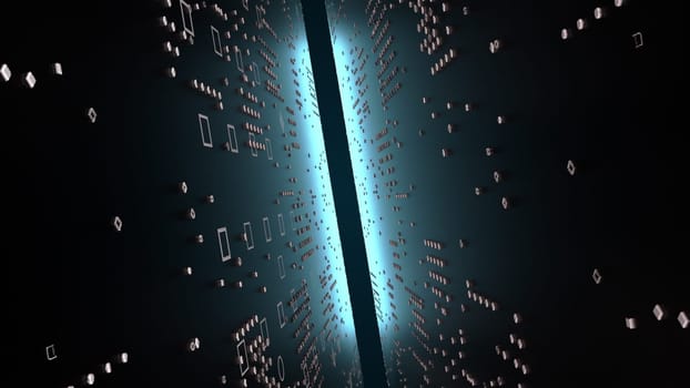 3d technology tunnel, computer generated. 3d rendering of narrow space between chips and neon light. Sci-fi backdrop