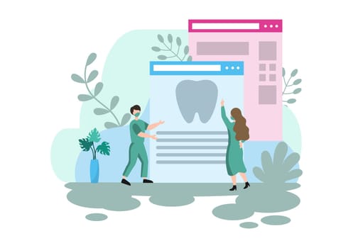 Dental Office Flat Color Illustration. Hospital interior with Workplace, Equipment, Instruments, Consultation, Treatment and Diagnosis Design
