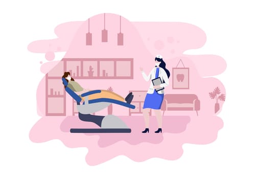 Dental Office Flat Color Illustration. Hospital interior with Workplace, Equipment, Instruments, Consultation, Treatment and Diagnosis Design