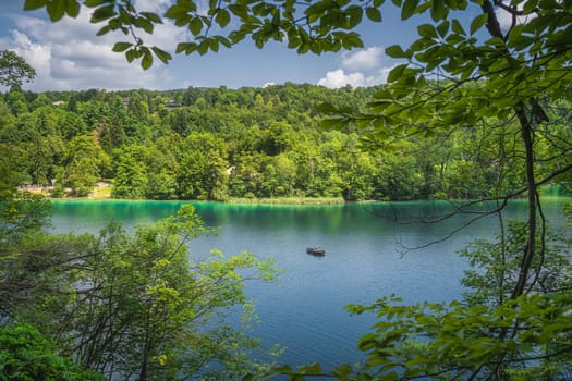 Lake and paddleboat framed by tree branches and green forest illuminated by sunlight in Plitvice Lakes National Park UNESCO World Heritage in Croatia