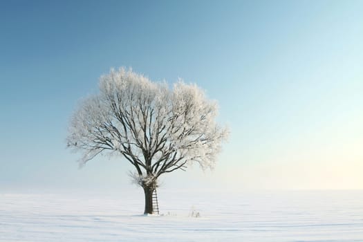 Frozen winter tree against a blue sky during sunrise