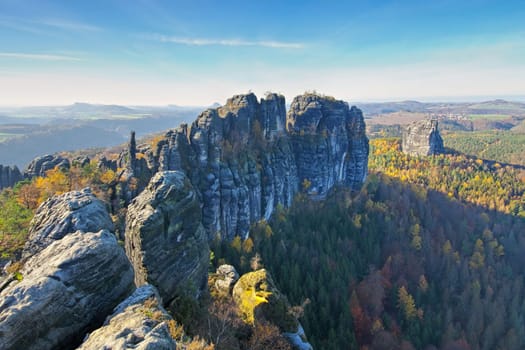 mountain Schrammsteine in Saxon Switzerland in autumn, Germany