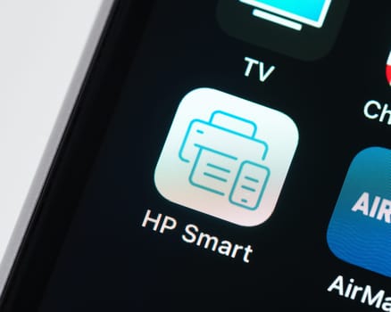 BAYONNE, FRANCE - CIRCA JANUARY 2021: HP Smart app icon on Apple iPhone screen. HP Smart app includes tools to print, scan, check ink levels, and set up your printer on a wireless network.