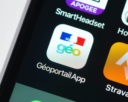 BAYONNE, FRANCE - CIRCA JANUARY 2021: Geoportail app icon on Apple iPhone screen. Geoportail is a web mapping service of the French government.