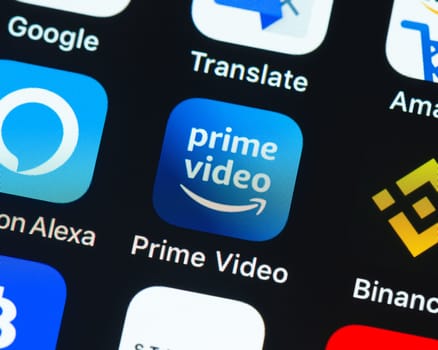 BAYONNE, FRANCE - CIRCA JANUARY 2021: Prime Video app icon on Apple iPhone screen. Prime Video is a streaming video service by Amazon.