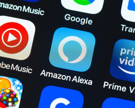 BAYONNE, FRANCE - CIRCA JANUARY 2021: Amazon Alexa app icon on Apple iPhone screen. Amazon Alexa is a virtual assistant AI technology developed by Amazon.