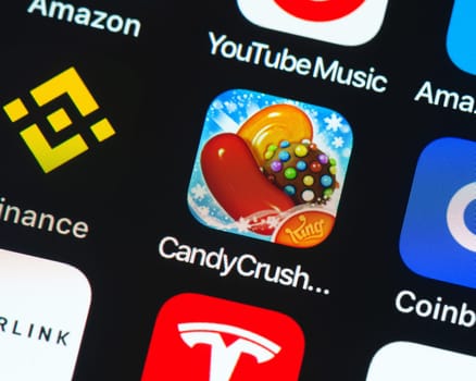BAYONNE, FRANCE - CIRCA JANUARY 2021: Candy Crush Saga app icon on Apple iPhone screen. Candy Crush Saga is a free puzzle video game.