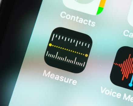 BAYONNE, FRANCE - CIRCA JANUARY 2021: Measure app icon on Apple iPhone screen. The Measure app uses augmented reality (AR) technology to make measurements.