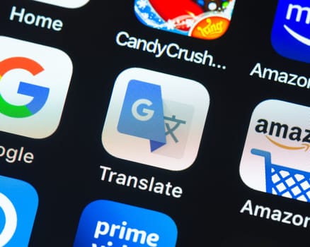 BAYONNE, FRANCE - CIRCA JANUARY 2021: Google Translate app icon on Apple iPhone screen.