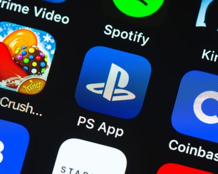 BAYONNE, FRANCE - CIRCA JANUARY 2021: PlayStation app icon on Apple iPhone screen. The PlayStation App is a software application for iOS and Android devices developed by PlayStation Mobile Inc.