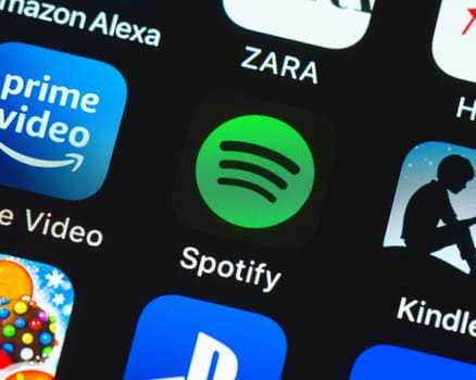 BAYONNE, FRANCE - CIRCA JANUARY 2021: Spotify app icon on Apple iPhone screen. Spotify is a Swedish audio streaming and media services company.