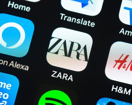 BAYONNE, FRANCE - CIRCA JANUARY 2021: Zara app icon on Apple iPhone screen.