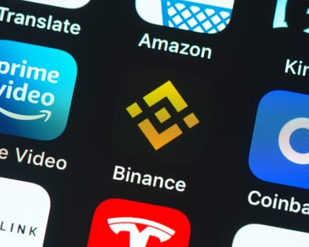 BAYONNE, FRANCE - CIRCA JANUARY 2021: Binance app icon on Apple iPhone screen. Binance is a cryptocurrency trading app.