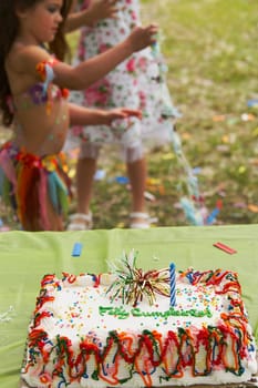 Birthday cake on a table at a birthday party with two children in the background