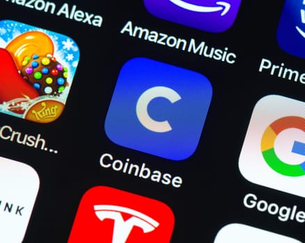 BAYONNE, FRANCE - CIRCA JANUARY 2021: Coinbase app icon on Apple iPhone screen.
