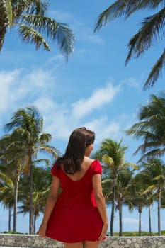 Rear view of a mature woman walking on the beach, South Beach, Miami Beach, Florida, USA