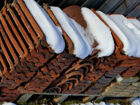 snow hats on roof tiles