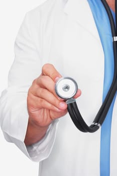 Mid section view of a male doctor holding a stethoscope