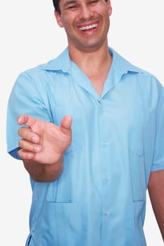 Mid section view of a young man gesturing with his hand and smiling