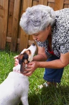 Senior woman kissing a dog