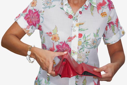 Mid section view of a woman holding an empty purse