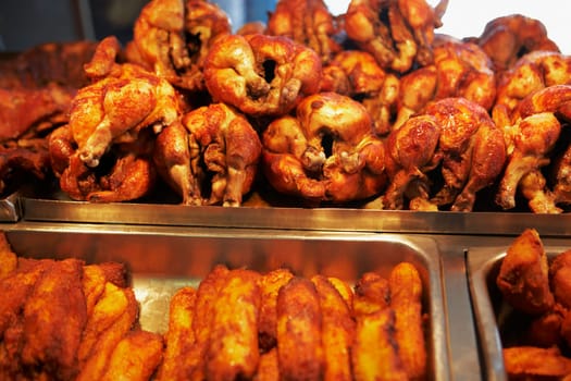 Close-up of barbecue chickens in a restaurant