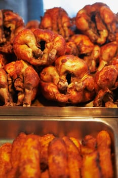 Close-up of barbecue chickens in a restaurant