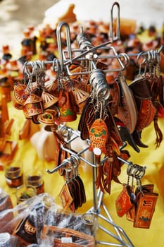 Close-up of key rings at a market stall, Puerto Rico
