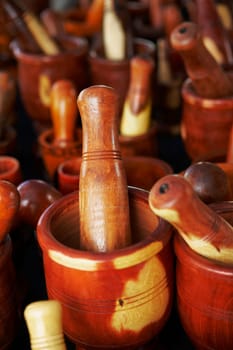 High angle view of mortars and pestles