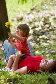 Young woman lying on grass with her daughter sitting on her stomach
