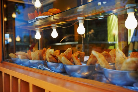 Alcapurria dish in bowls at a display cabinet, Puerto Rico