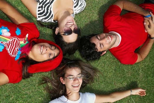 Three young women with a young man lying on grass and smiling