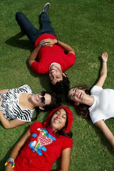 High angle view of a young man lying on grass with three young women