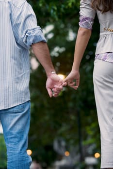 Rear view of a young couple holding hands of each other