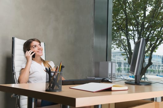 Businesswoman talking on a mobile phone in an office