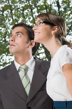 business executives looking up in an office