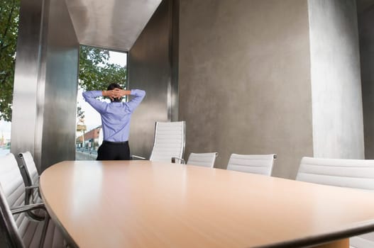 Rear view of a businessman in a conference room