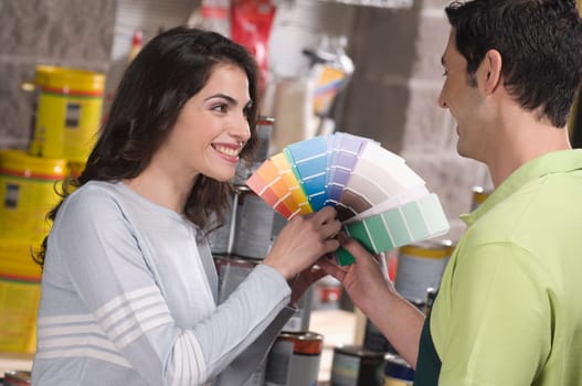 Sales clerk assisting a customer in a hardware store