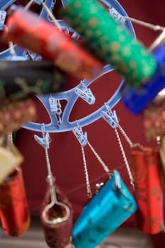 Close-up of hand bags hanging in a store