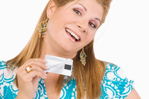 Portrait of a mature woman showing a credit card and smiling