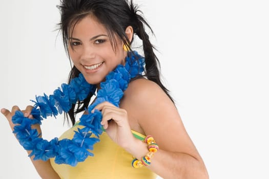 Portrait of a young woman wearing a garland and smiling
